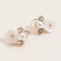 Floral Pearl & Crystal Stud Earrings – Elegant Gold & Mother of Pearl Jewelry