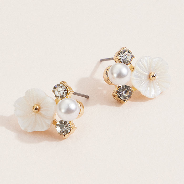Floral Pearl & Crystal Stud Earrings – Elegant Gold & Mother of Pearl Jewelry