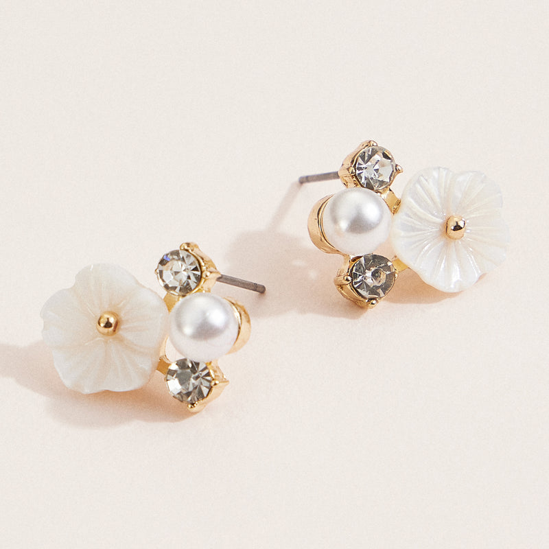 Floral Pearl & Crystal Stud Earrings – Elegant Gold & Mother of Pearl Jewelry