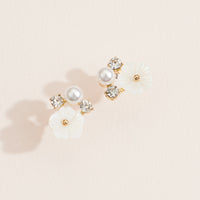 Floral Pearl & Crystal Stud Earrings – Elegant Gold & Mother of Pearl Jewelry