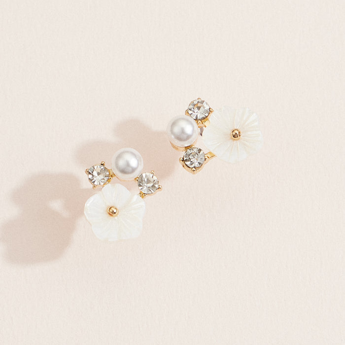 Floral Pearl & Crystal Stud Earrings – Elegant Gold & Mother of Pearl Jewelry