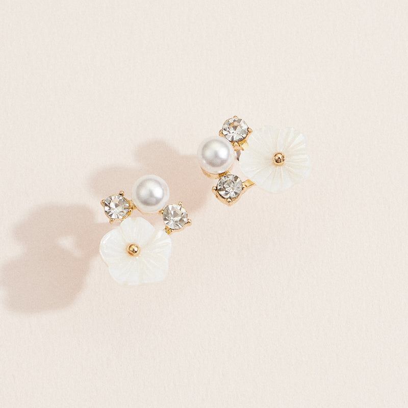 Floral Pearl & Crystal Stud Earrings – Elegant Gold & Mother of Pearl Jewelry