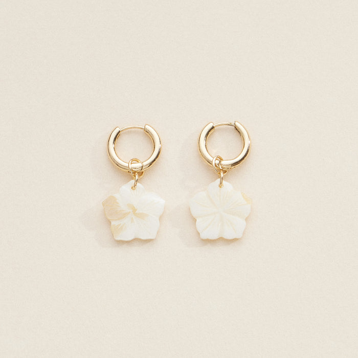 Gold Hoop Earrings with Mother of Pearl Flower Charms – Elegant Floral Dangle Jewelry