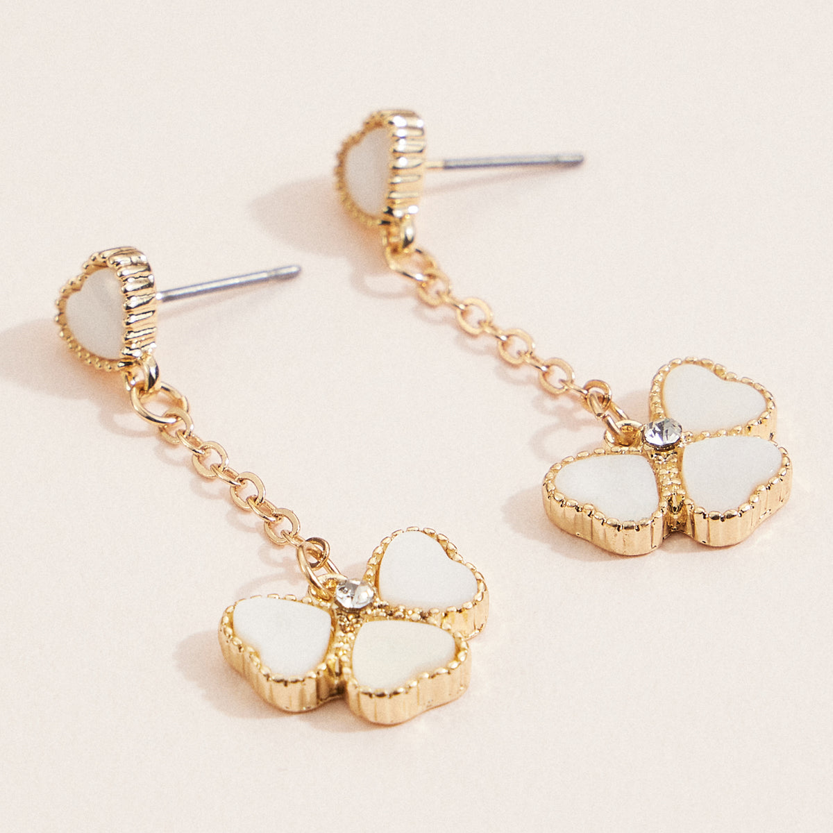 Refined Gold Clover Drop Earrings with Mother of Pearl & Crystal Accents