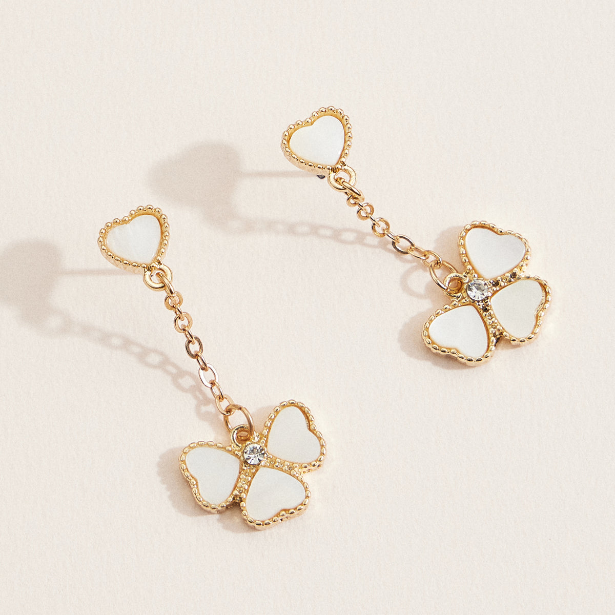 Refined Gold Clover Drop Earrings with Mother of Pearl & Crystal Accents
