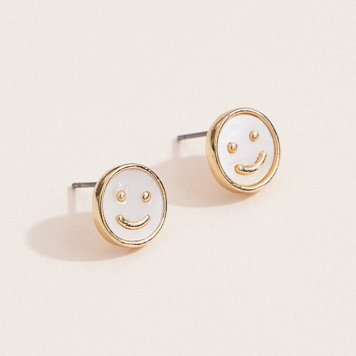 Mother of Pearl Smiley Face Stud Earrings – Gold-Tone Minimalist Earrings