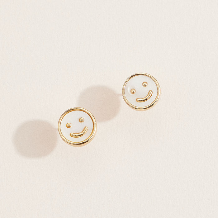 Mother of Pearl Smiley Face Stud Earrings – Gold-Tone Minimalist Earrings