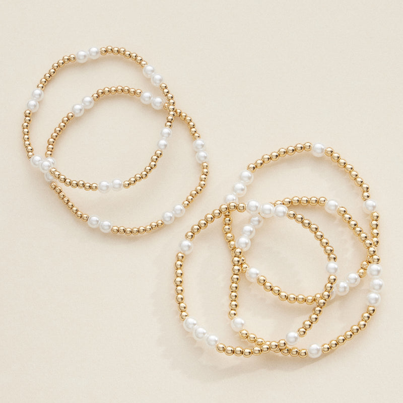 Gold Beaded Stretch Bracelets with Faux Pearls – Elegant Stackable Jewelry Set