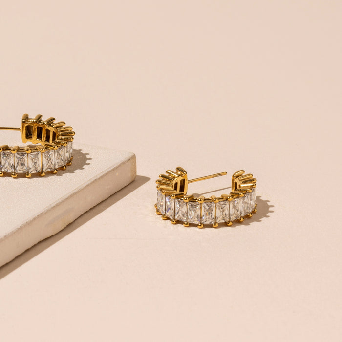 18K Gold Plated Stainless Steel Clear Stone Hoop Earrings
