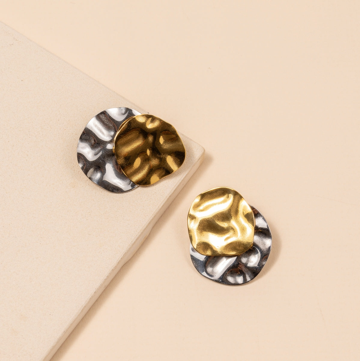 Two-Tone Hammered Texture 18K Gold Plated Stainless Steel Earrings