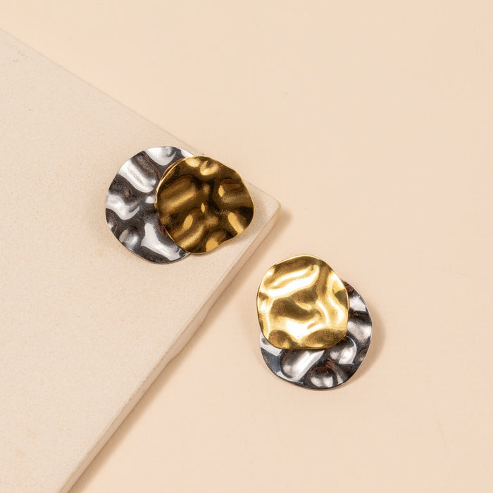 Two-Tone Hammered Texture 18K Gold Plated Stainless Steel Earrings