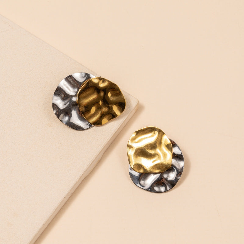 Two-Tone Hammered Texture 18K Gold Plated Stainless Steel Earrings