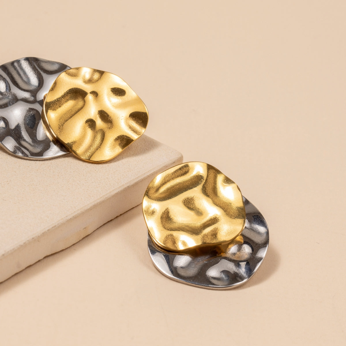 Two-Tone Hammered Texture 18K Gold Plated Stainless Steel Earrings