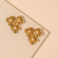 Pearl on Flower 18K Gold Plated Stainless Steel Earrings