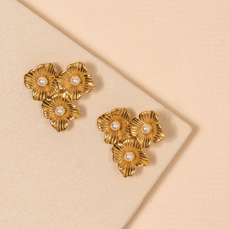 Pearl on Flower 18K Gold Plated Stainless Steel Earrings