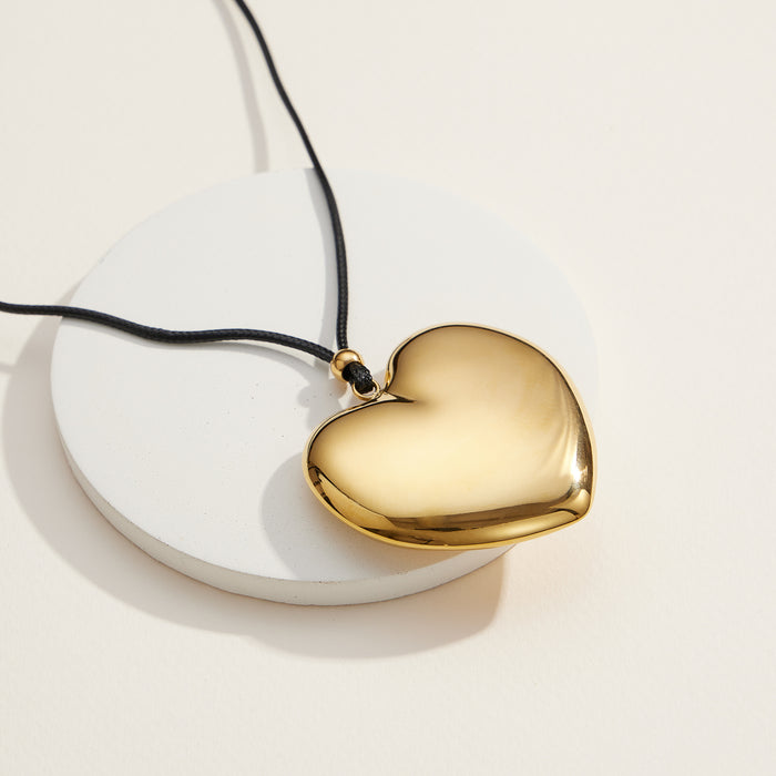 Stainless Steel Gold Heart Pendant Necklace with Adjustable Black Cord