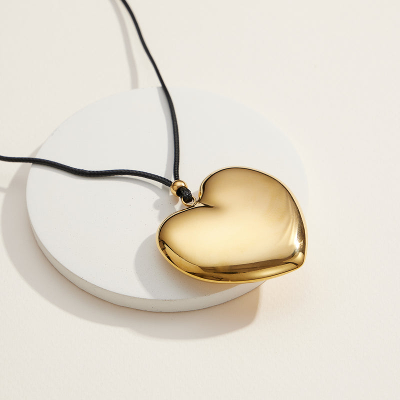 Stainless Steel Gold Heart Pendant Necklace with Adjustable Black Cord
