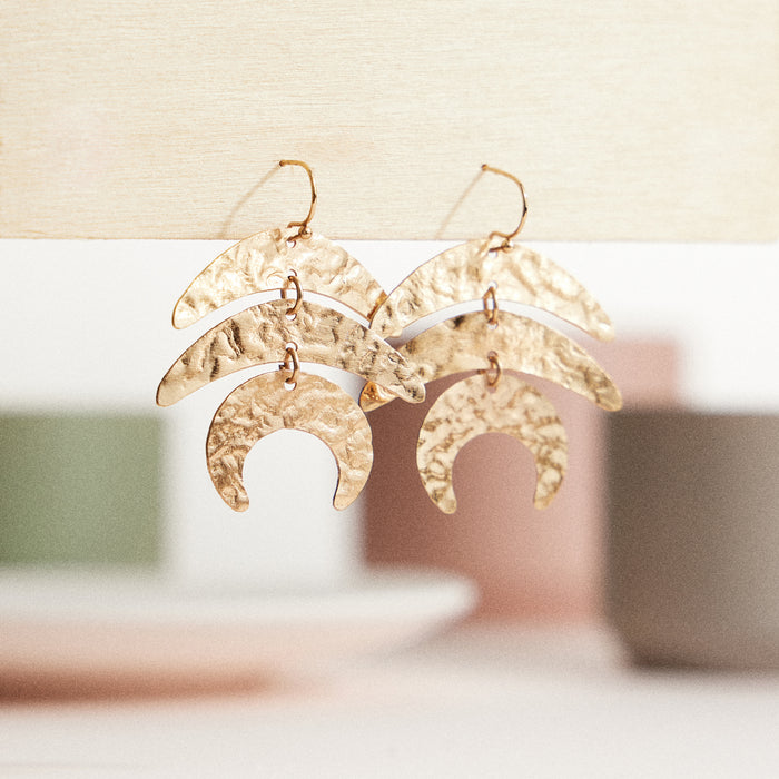 Hammered Brass Moon Phase Earrings – Gold-Tone Boho Dangle Earrings