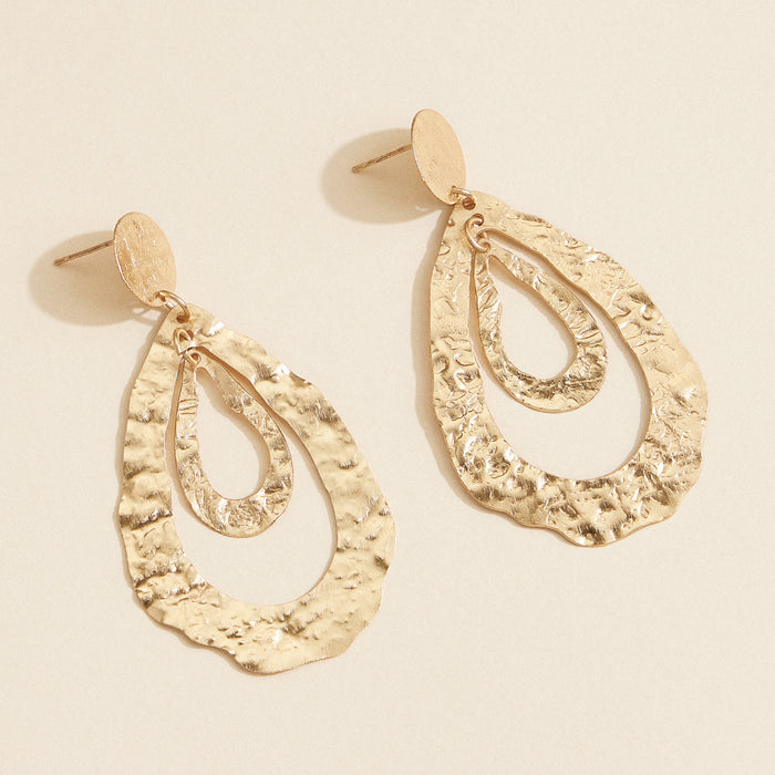Hammered Brass Teardrop Earrings – Gold-Tone Layered Dangle Earrings