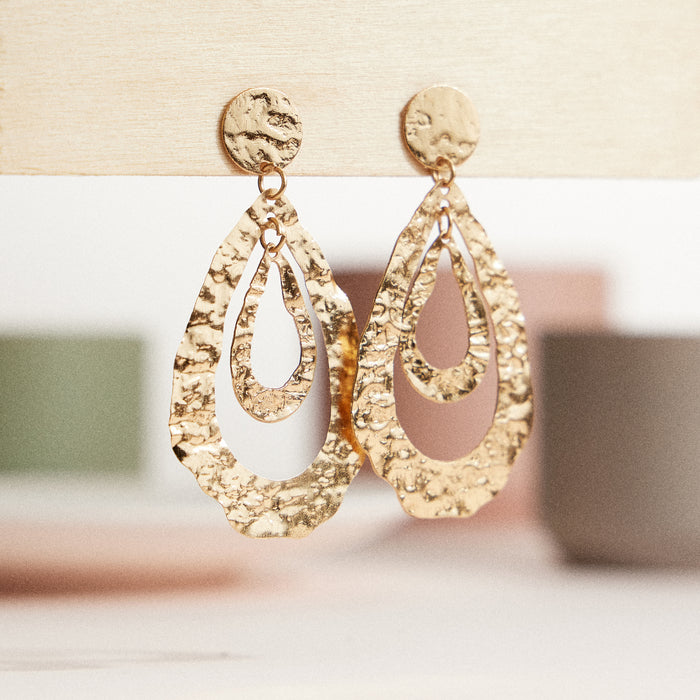 Hammered Brass Teardrop Earrings – Gold-Tone Layered Dangle Earrings