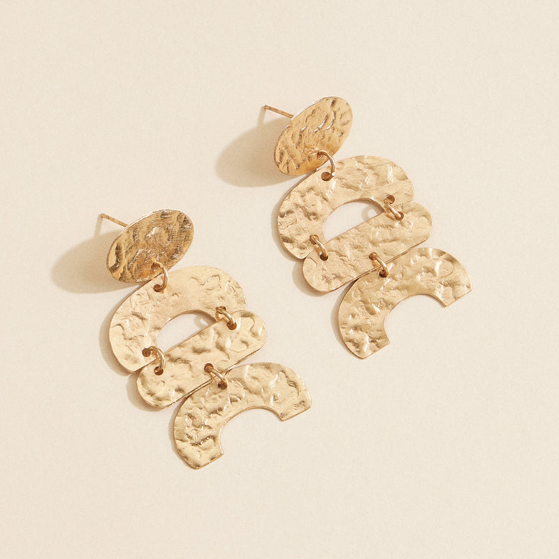 Geometric Hammered Brass Earrings – Gold-Tone Boho Statement Earrings