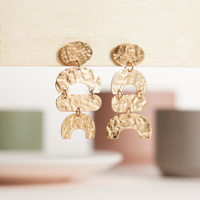 Geometric Hammered Brass Earrings – Gold-Tone Boho Statement Earrings