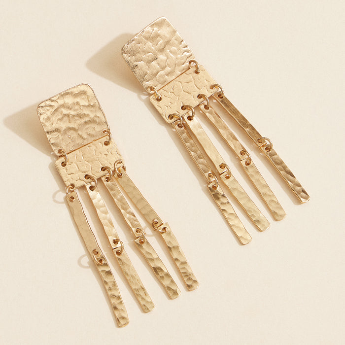Hammered Brass Fringe Earrings – Gold-Tone Geometric Dangle Earrings