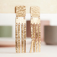 Hammered Brass Fringe Earrings – Gold-Tone Geometric Dangle Earrings