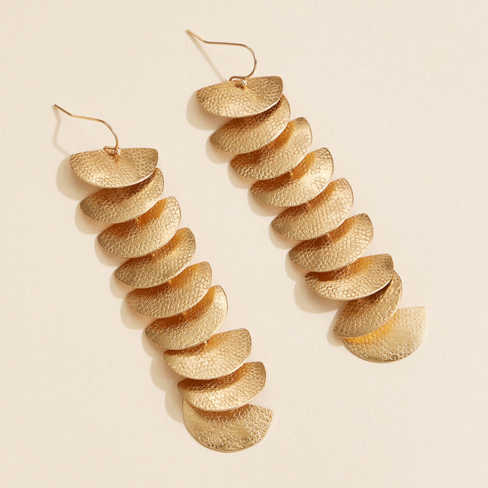 Layered Brass Cascade Earrings – Gold-Tone Textured Dangle Earrings