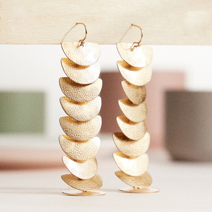 Layered Brass Cascade Earrings – Gold-Tone Textured Dangle Earrings