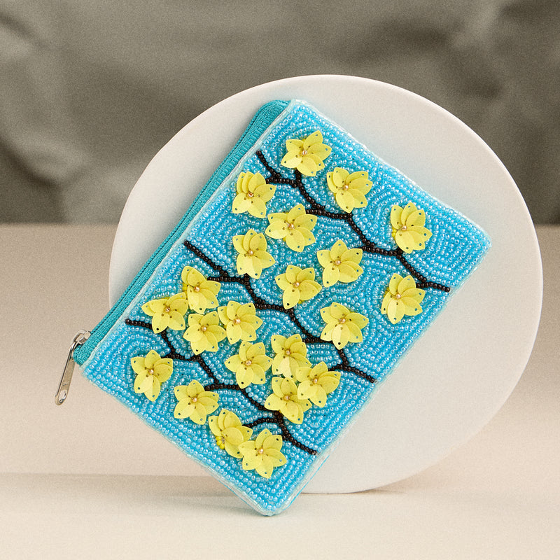 Beaded Floral Clutch – Yellow Blossom Zip Pouch, Blue Sequin Embellished Purse