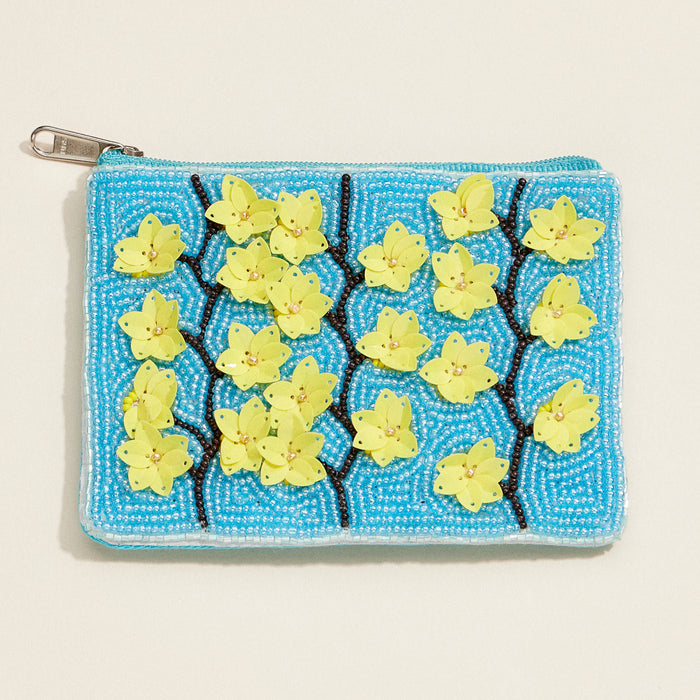 Beaded Floral Clutch – Yellow Blossom Zip Pouch, Blue Sequin Embellished Purse