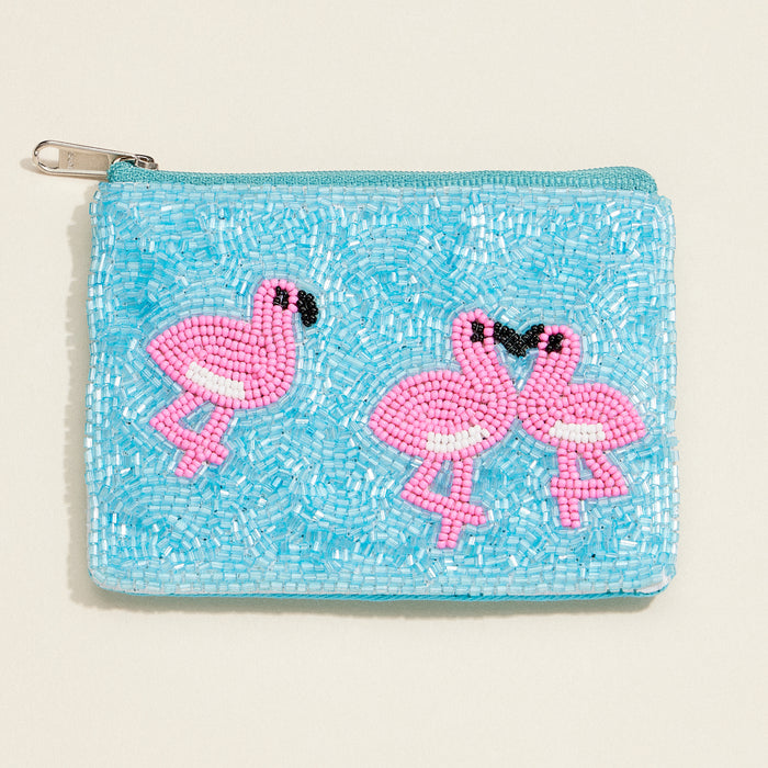 Beaded Flamingo Clutch – Blue Sequin Zip Pouch, Tropical Pink Flamingo Purse