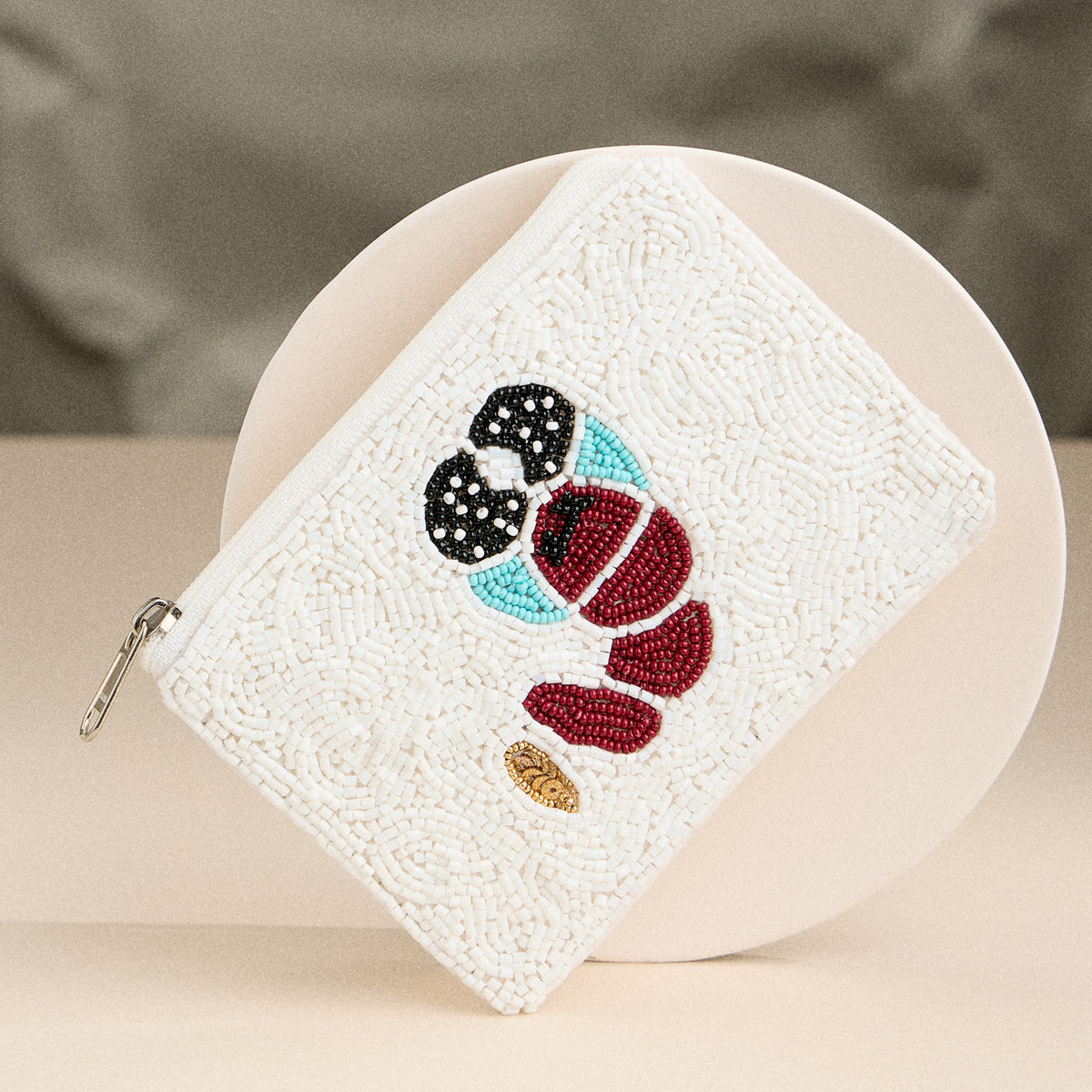 Beaded Lobster Clutch – White Sequin Zip Pouch, Nautical Coastal-Inspired Purse