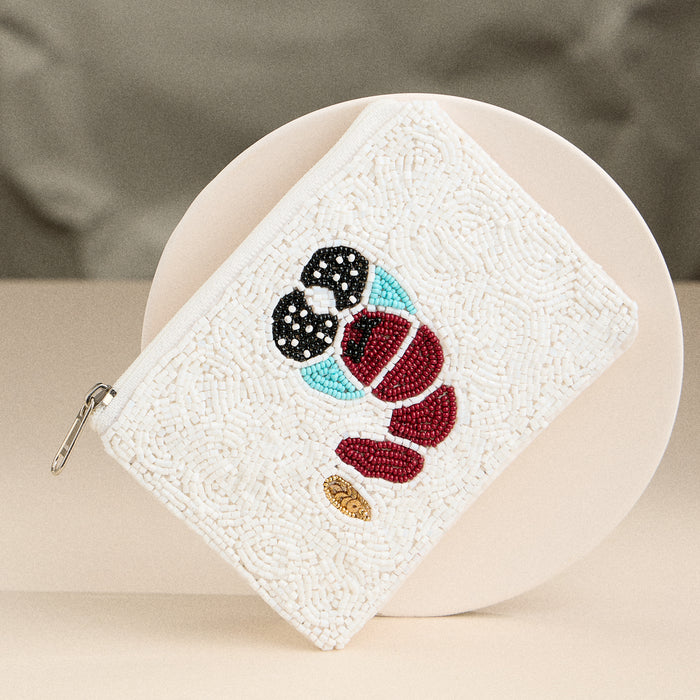 Beaded Lobster Clutch – White Sequin Zip Pouch, Nautical Coastal-Inspired Purse