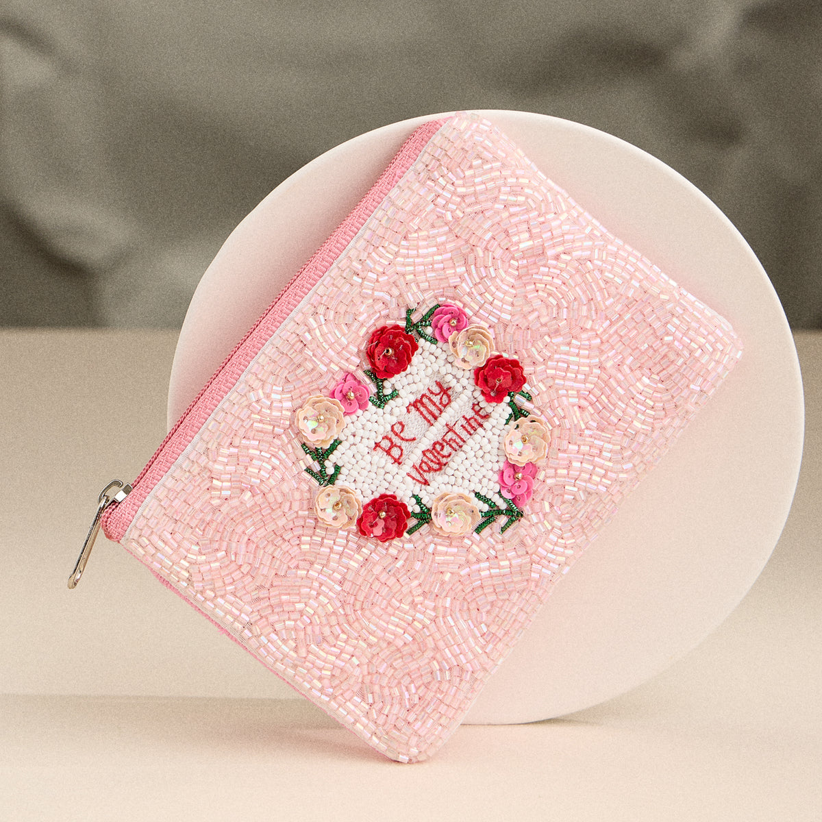 Beaded "Be My Valentine" Zip Pouch – Romantic Pink Floral Clutch