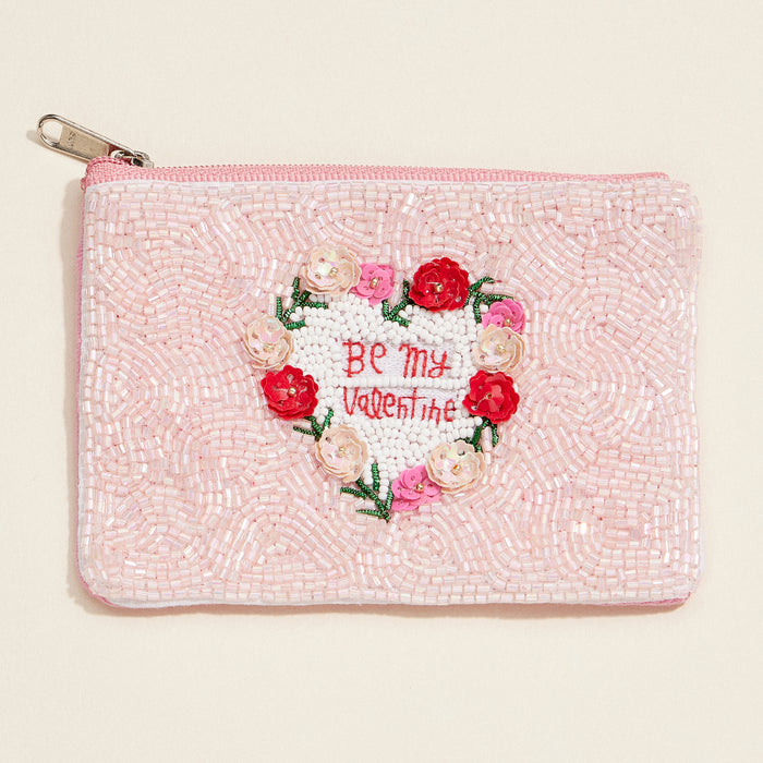 Beaded "Be My Valentine" Zip Pouch – Romantic Pink Floral Clutch