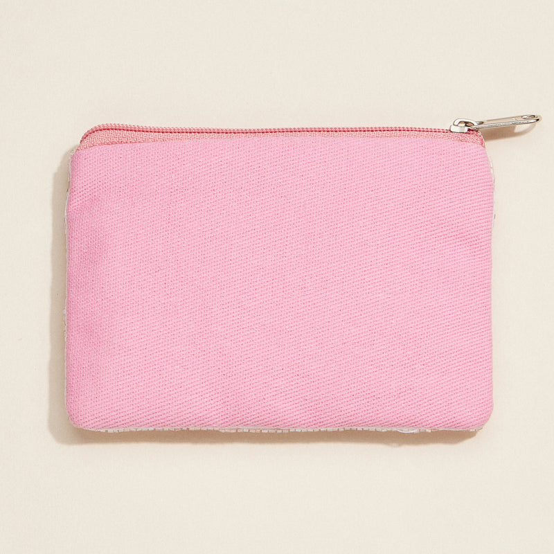 Beaded Rainbow & Hearts Clutch – Pink Sequin Zip Pouch, Whimsical Pastel Coin Pouch