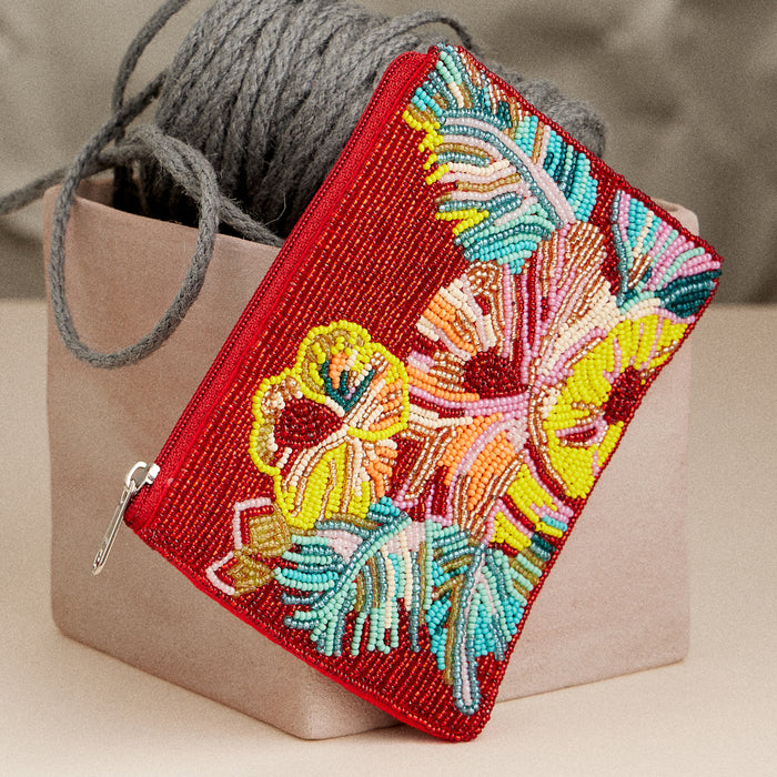 Beaded Tropical Hibiscus Clutch – Red Floral Zip Pouch, Vibrant Summer Purse