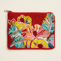 Beaded Tropical Hibiscus Clutch – Red Floral Zip Pouch, Vibrant Summer Purse