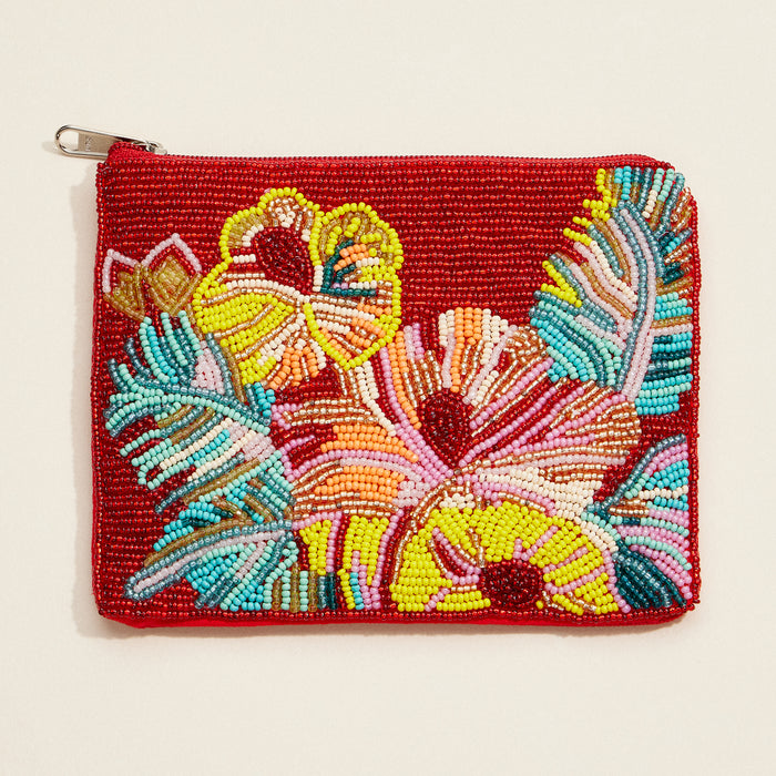 Beaded Tropical Hibiscus Clutch – Red Floral Zip Pouch, Vibrant Summer Purse