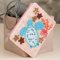 Beaded Sea Turtle Coin Purse – Ocean-Themed Zip Pouch with Coral & Starfish