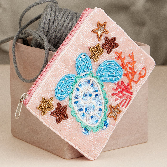Beaded Sea Turtle Coin Purse – Ocean-Themed Zip Pouch with Coral & Starfish