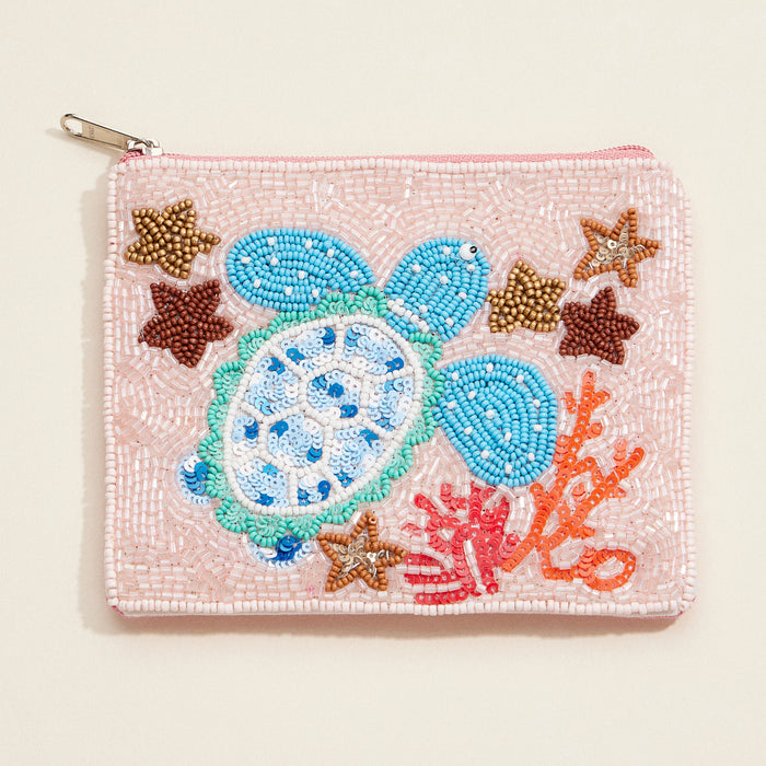 Beaded Sea Turtle Coin Purse – Ocean-Themed Zip Pouch with Coral & Starfish