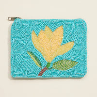 Beaded Floral Coin Purse – Turquoise Zip Pouch with Yellow Flower Design for Travel & Everyday Use