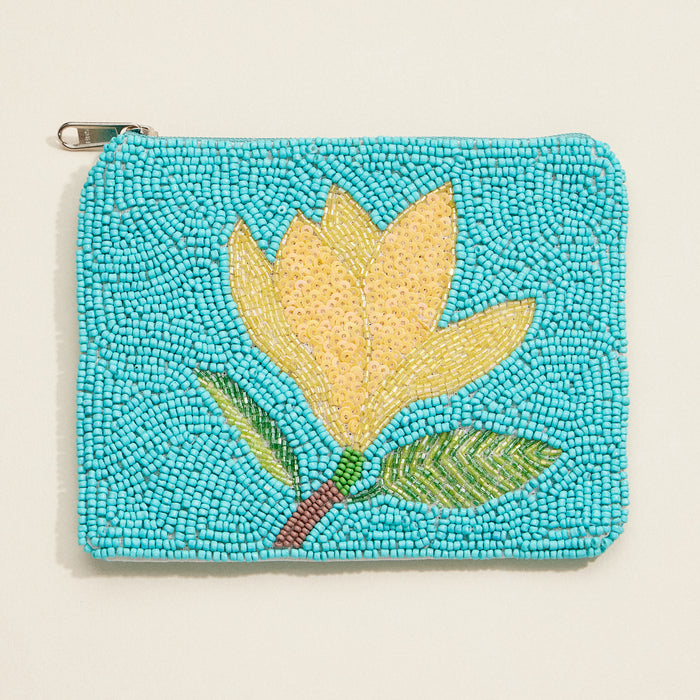 Beaded Floral Coin Purse – Turquoise Zip Pouch with Yellow Flower Design for Travel & Everyday Use