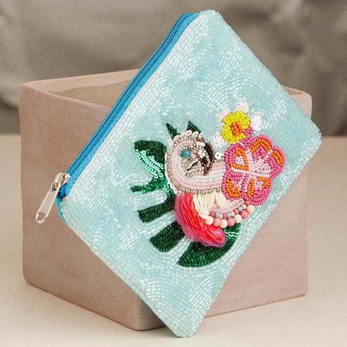 Beaded Flamingo Coin Purse – Tropical Sequin Zip Pouch with Floral & Palm Leaf Design for Travel & Everyday Use