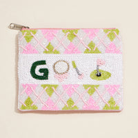 Beaded Golf Themed Zip Pouch – Argyle Pattern Clutch