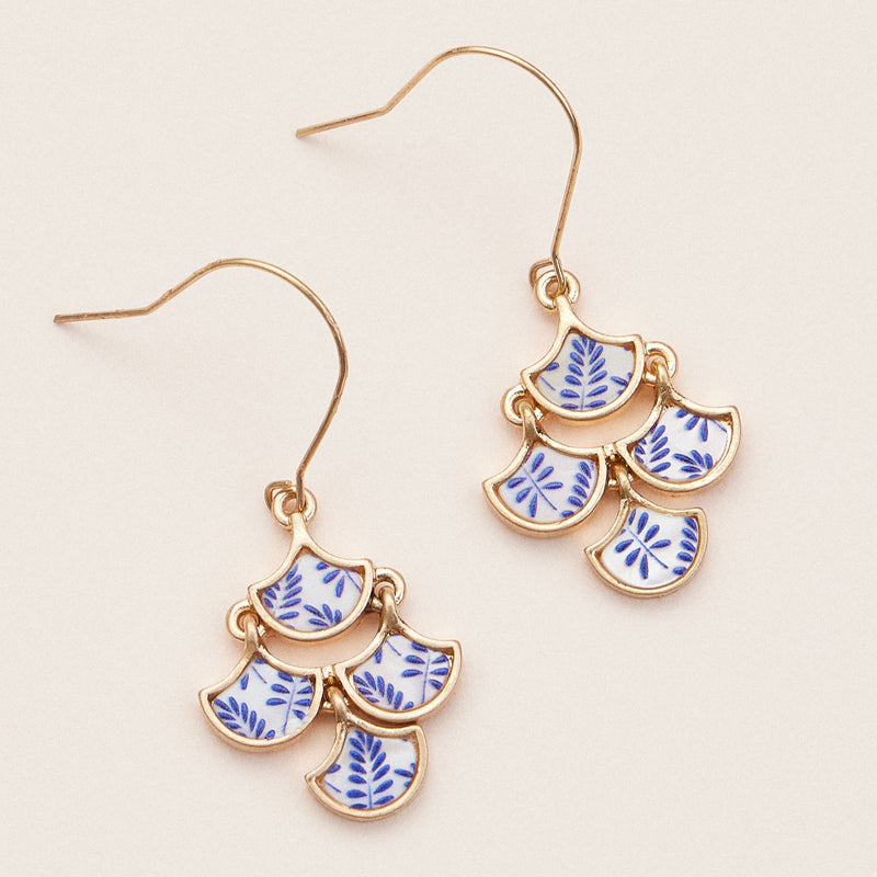 Boho-Chic Gold and Blue Mother of Pearl Drop Earrings – Floral Inlay Design