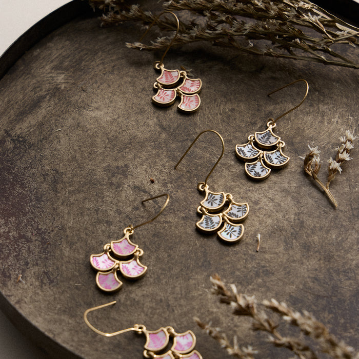 Boho-Chic Gold and Blue Mother of Pearl Drop Earrings – Floral Inlay Design